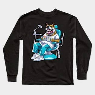 An English Bulldog sitting in front of a dentist's chair, wearing a blue surgical mask Long Sleeve T-Shirt